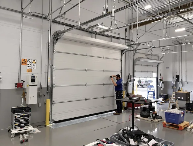 Commercial garage door repair being performed by South Windsor Garage Door Repair expert in South Windsor