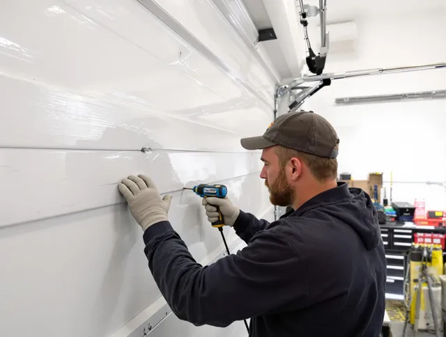 South Windsor Garage Door Repair technician demonstrating precision dent removal techniques on a South Windsor garage door