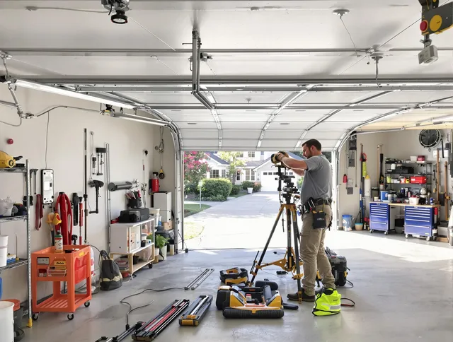 South Windsor Garage Door Repair specialist performing laser-guided track alignment in South Windsor